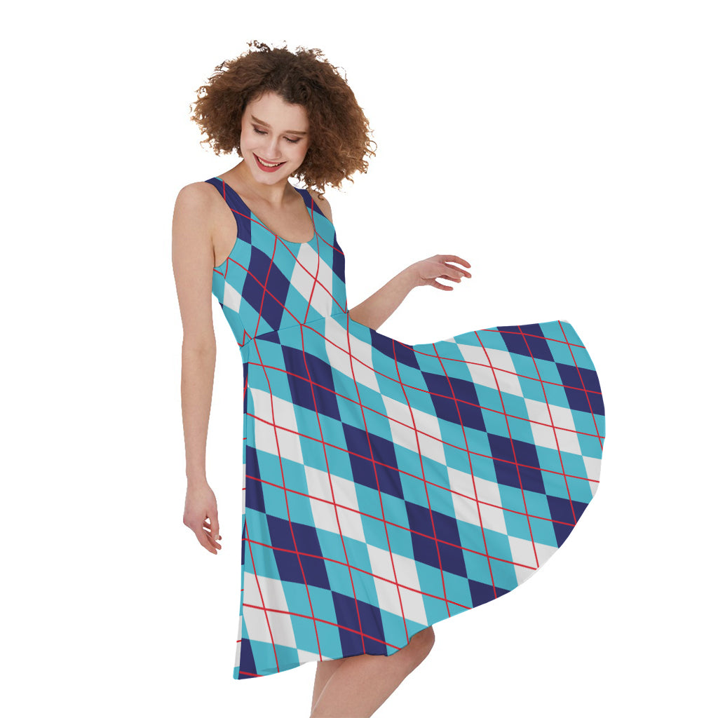 White And Blue Argyle Pattern Print Women's Sleeveless Dress