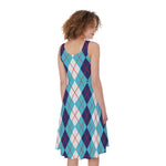 White And Blue Argyle Pattern Print Women's Sleeveless Dress