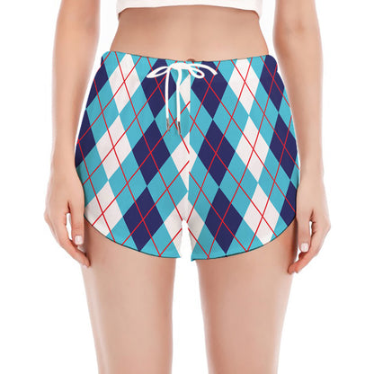 White And Blue Argyle Pattern Print Women's Split Running Shorts