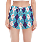 White And Blue Argyle Pattern Print Women's Split Running Shorts