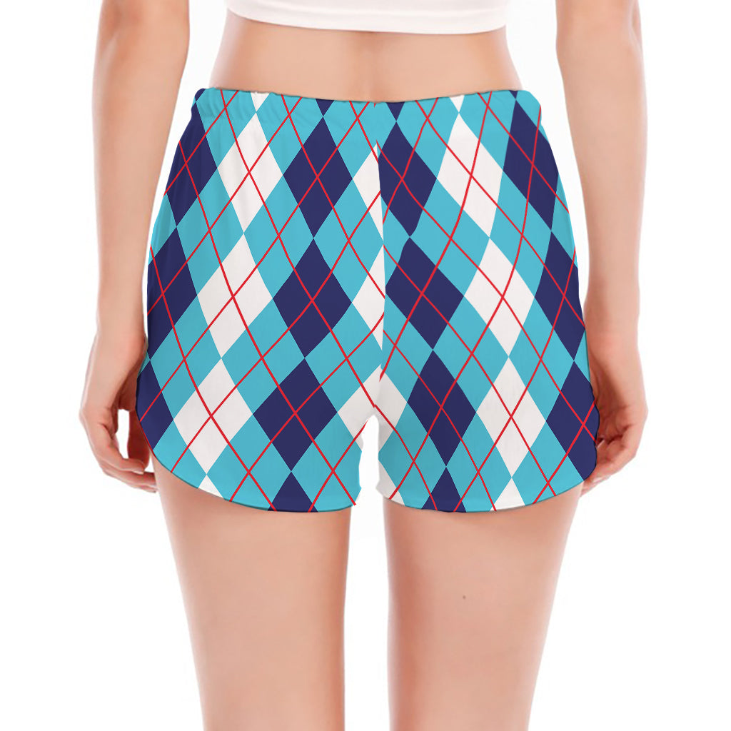White And Blue Argyle Pattern Print Women's Split Running Shorts
