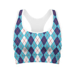 White And Blue Argyle Pattern Print Women's Sports Bra