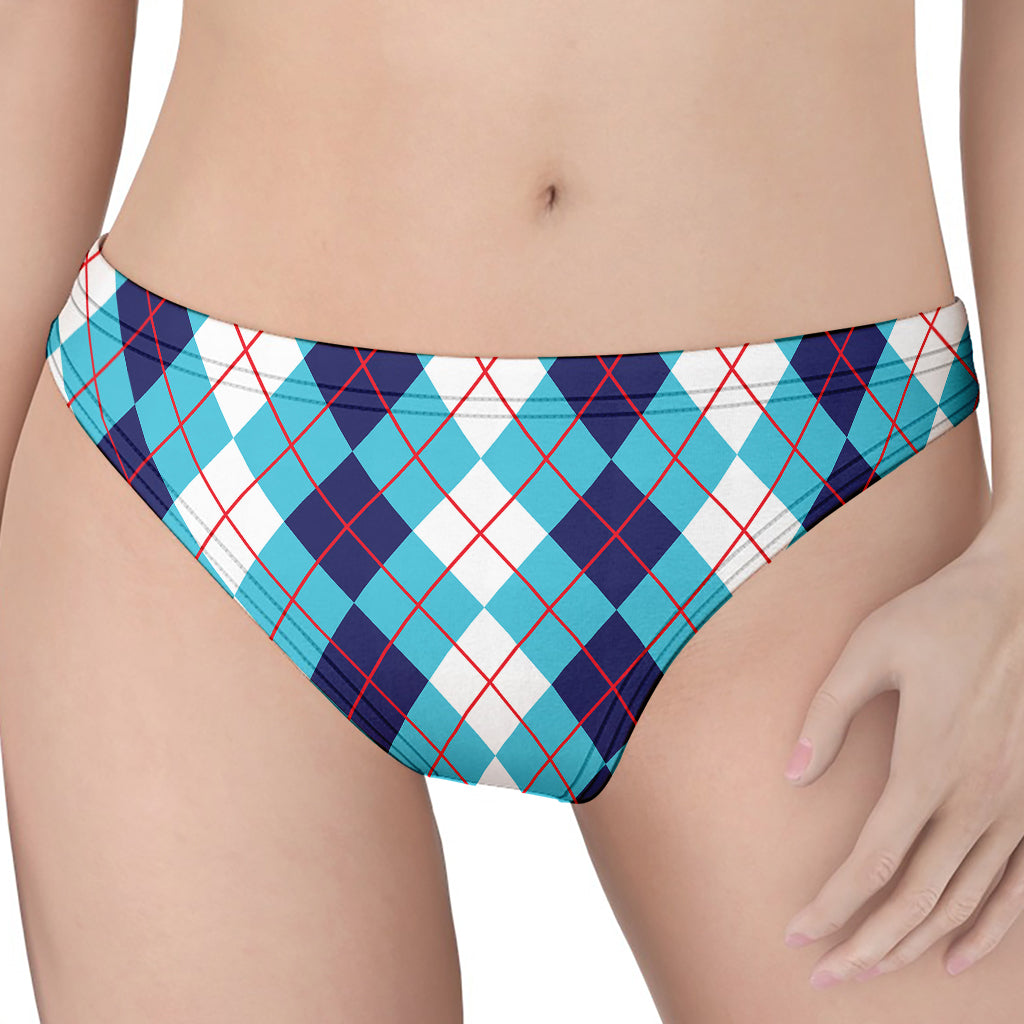 White And Blue Argyle Pattern Print Women's Thong