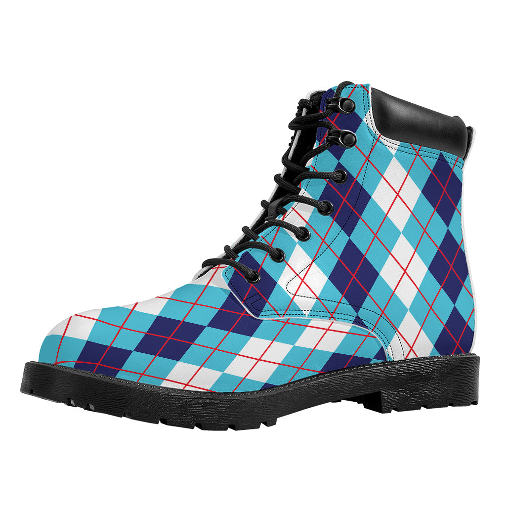White And Blue Argyle Pattern Print Work Boots