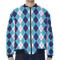 White And Blue Argyle Pattern Print Zip Sleeve Bomber Jacket