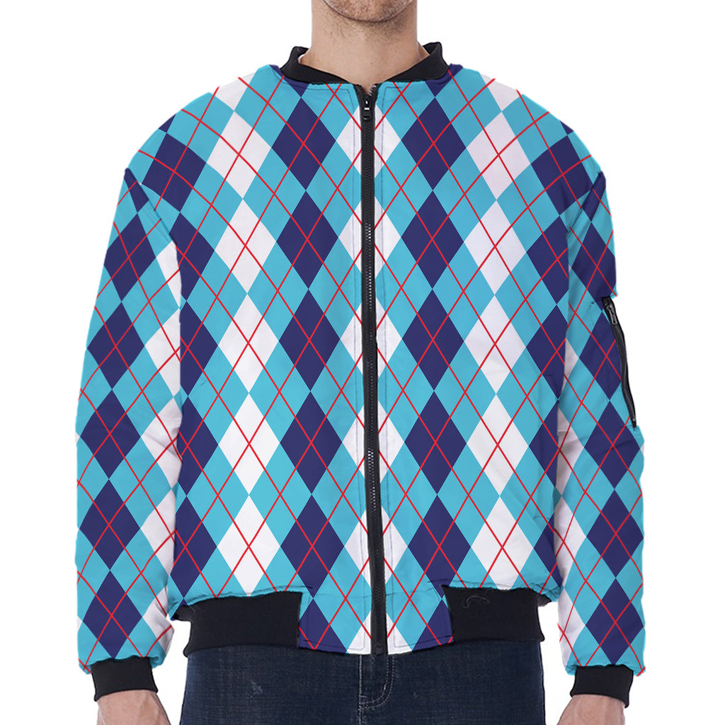 White And Blue Argyle Pattern Print Zip Sleeve Bomber Jacket