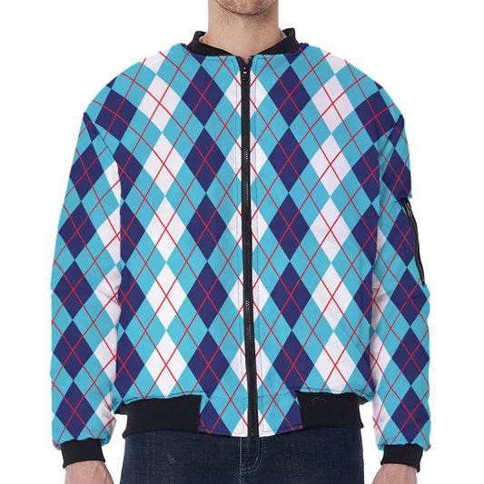 White And Blue Argyle Pattern Print Zip Sleeve Bomber Jacket