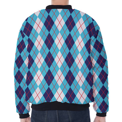 White And Blue Argyle Pattern Print Zip Sleeve Bomber Jacket