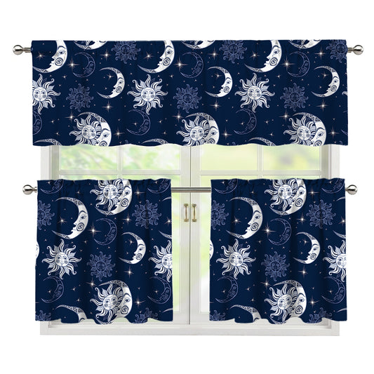 White And Blue Celestial Pattern Print 3 Piece Kitchen Curtains