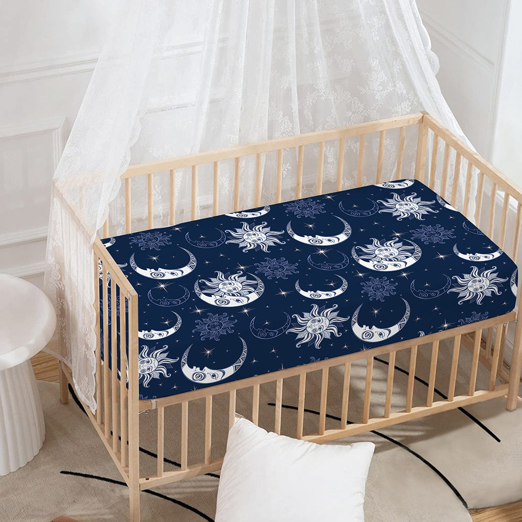 White And Blue Celestial Pattern Print Baby Crib Sheet