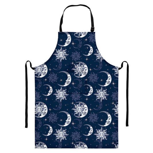White And Blue Celestial Pattern Print Bib Apron With Pocket