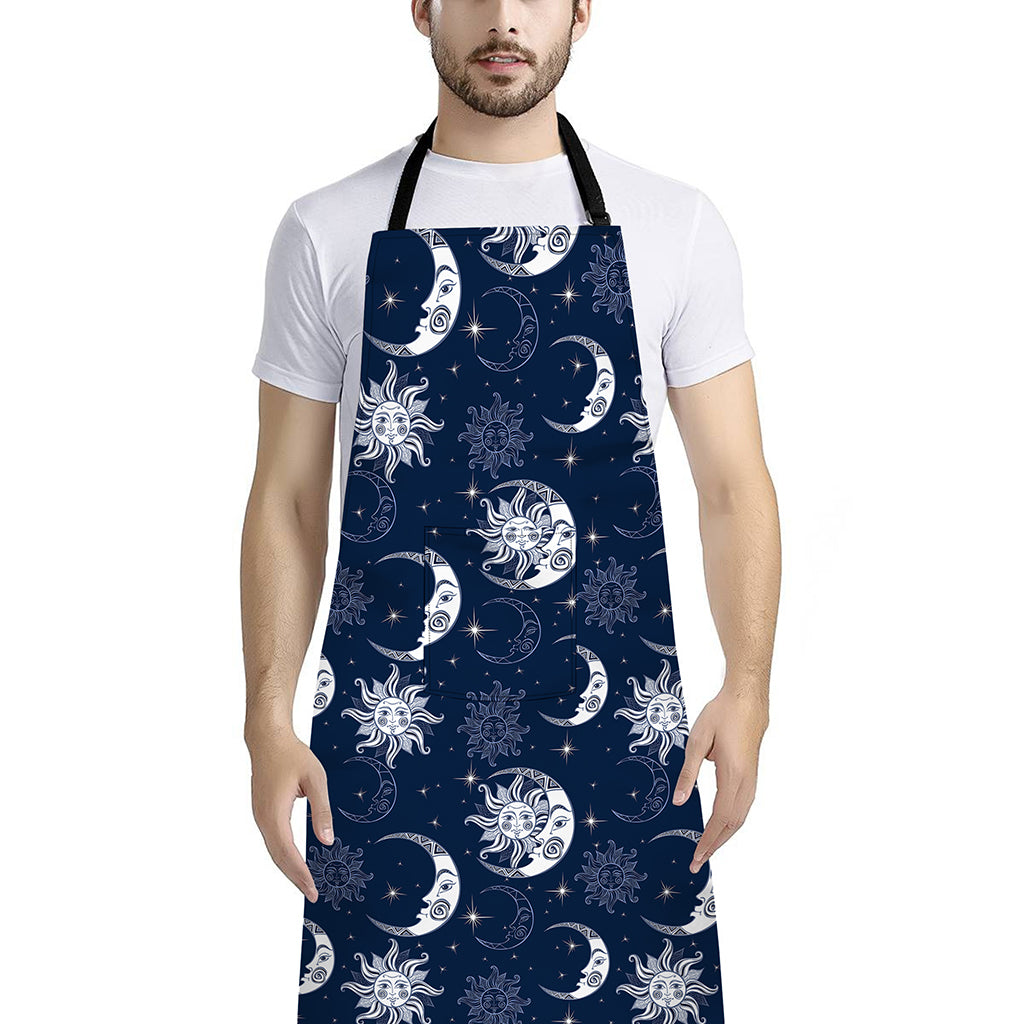 White And Blue Celestial Pattern Print Bib Apron With Pocket