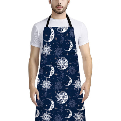 White And Blue Celestial Pattern Print Bib Apron With Pocket