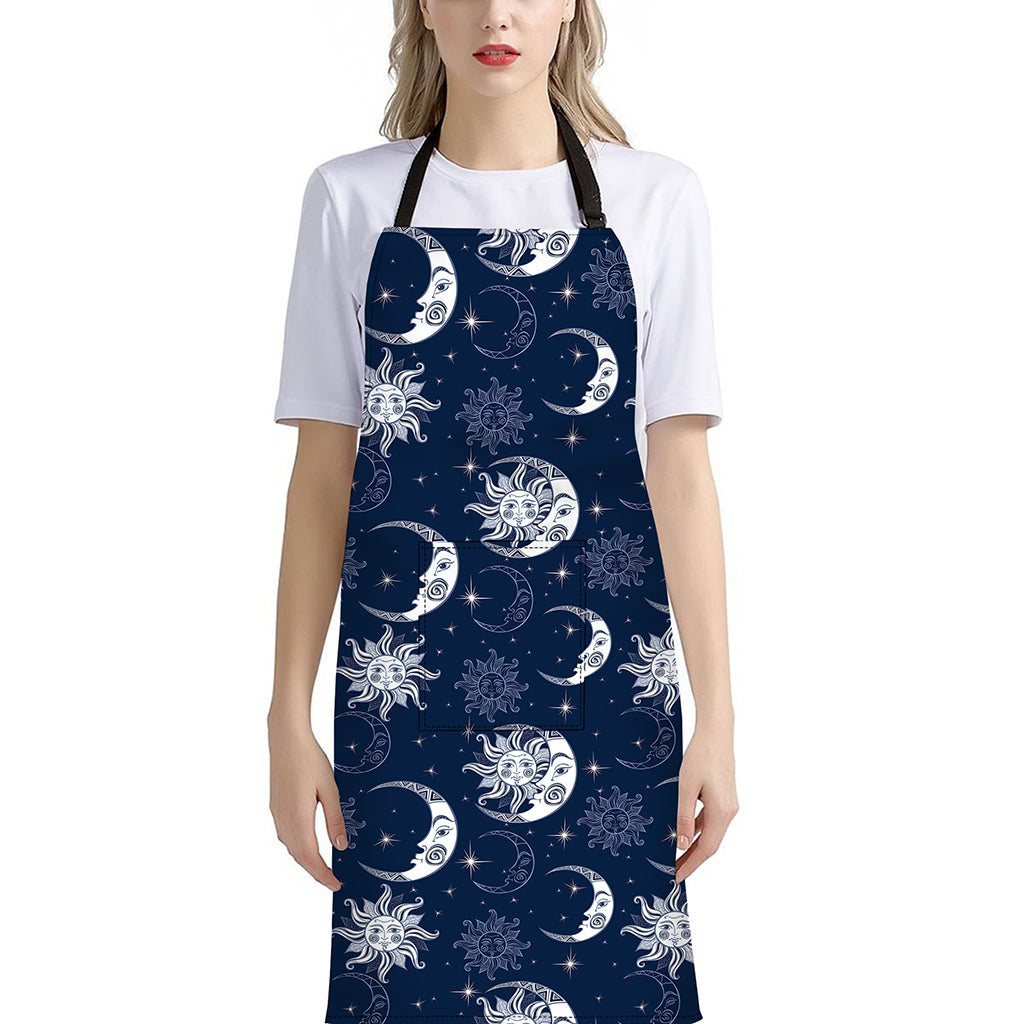 White And Blue Celestial Pattern Print Bib Apron With Pocket