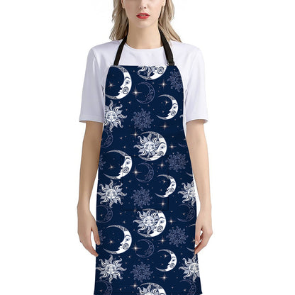 White And Blue Celestial Pattern Print Bib Apron With Pocket
