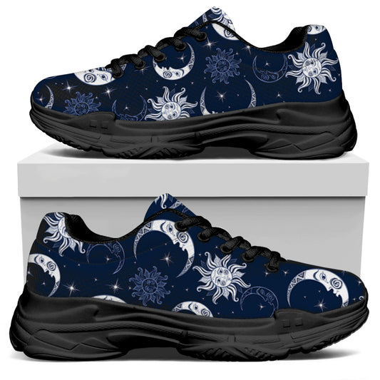 White And Blue Celestial Pattern Print Black Chunky Shoes