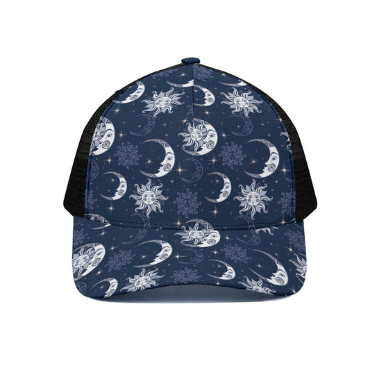 White And Blue Celestial Pattern Print Black Mesh Trucker Cap