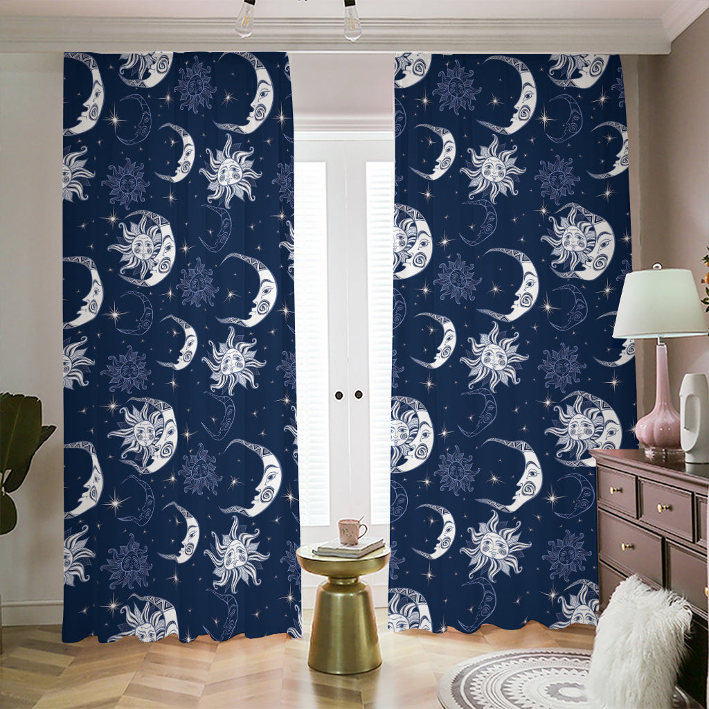 White And Blue Celestial Pattern Print Blackout Pencil Pleat Curtains