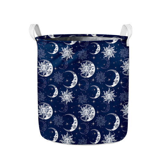 White And Blue Celestial Pattern Print Collapsible Laundry Basket
