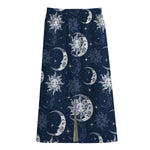 White And Blue Celestial Pattern Print Cotton Front Slit Maxi Skirt