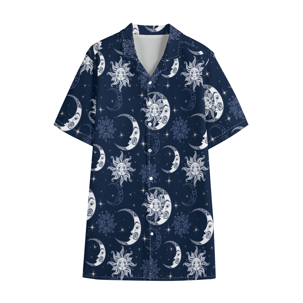 White And Blue Celestial Pattern Print Cotton Hawaiian Shirt