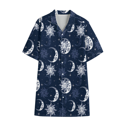 White And Blue Celestial Pattern Print Cotton Hawaiian Shirt
