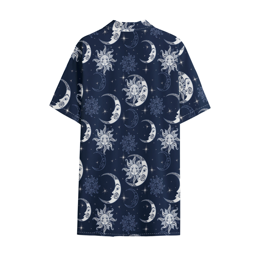 White And Blue Celestial Pattern Print Cotton Hawaiian Shirt