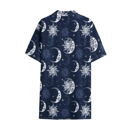 White And Blue Celestial Pattern Print Cotton Hawaiian Shirt