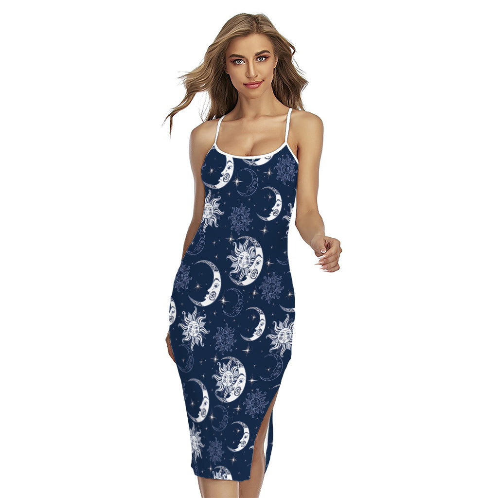 White And Blue Celestial Pattern Print Cross Back Cami Dress