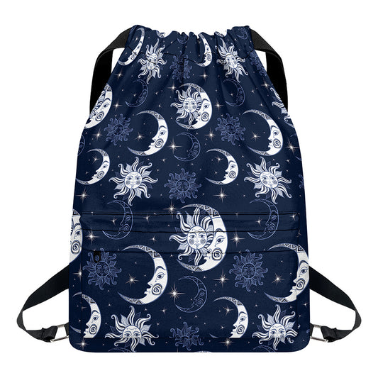 White And Blue Celestial Pattern Print Drawstring Backpack