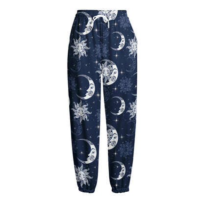 White And Blue Celestial Pattern Print Fleece Lined Knit Pants
