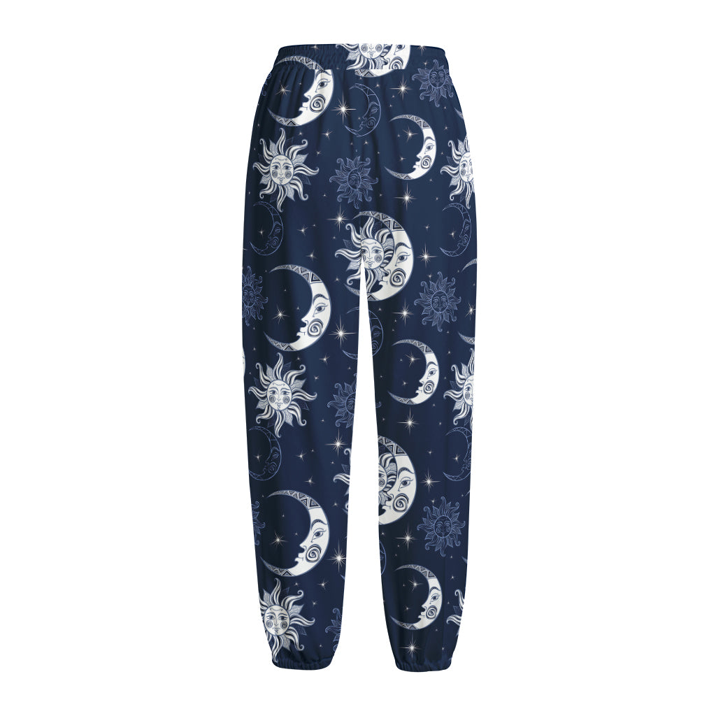 White And Blue Celestial Pattern Print Fleece Lined Knit Pants