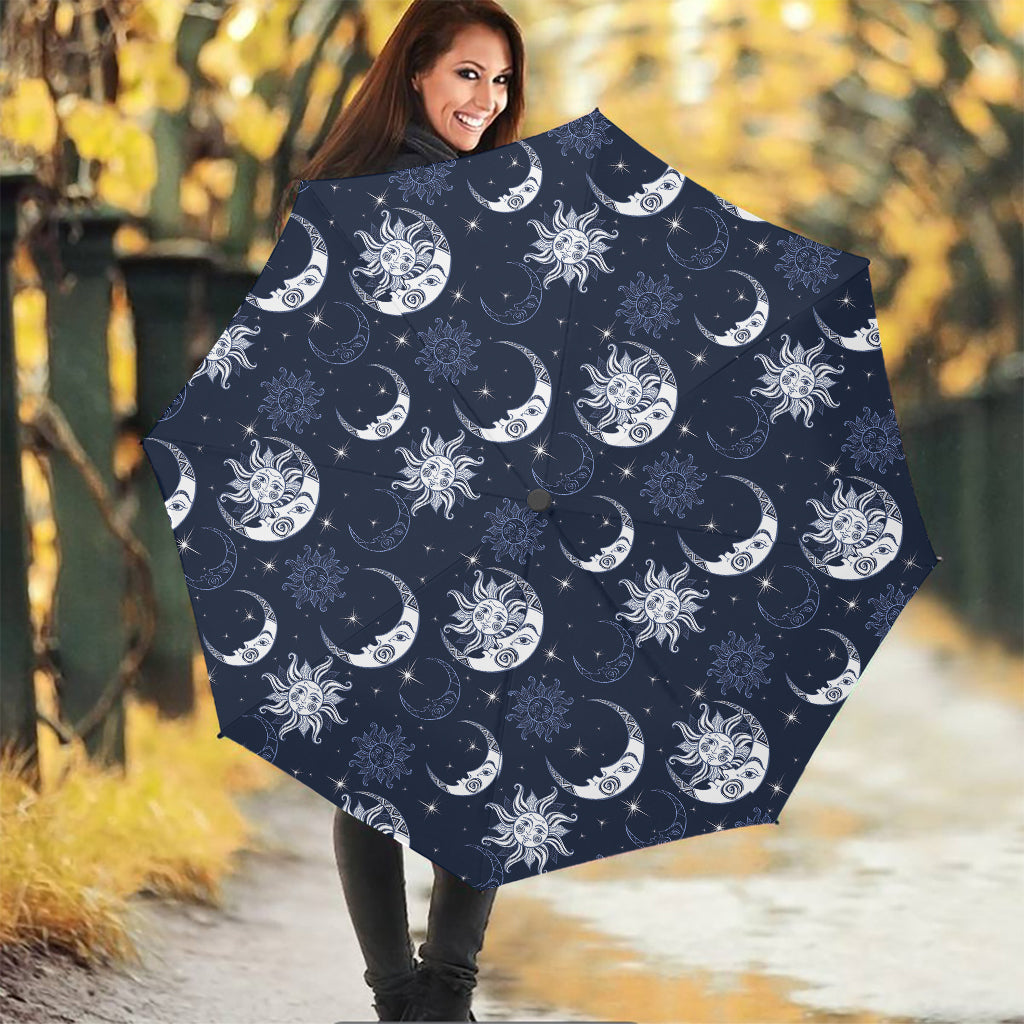 White And Blue Celestial Pattern Print Foldable Umbrella