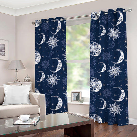White And Blue Celestial Pattern Print Grommet Curtains