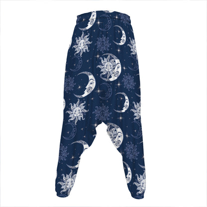 White And Blue Celestial Pattern Print Hammer Pants