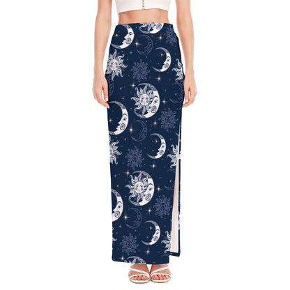 White And Blue Celestial Pattern Print High Slit Maxi Skirt
