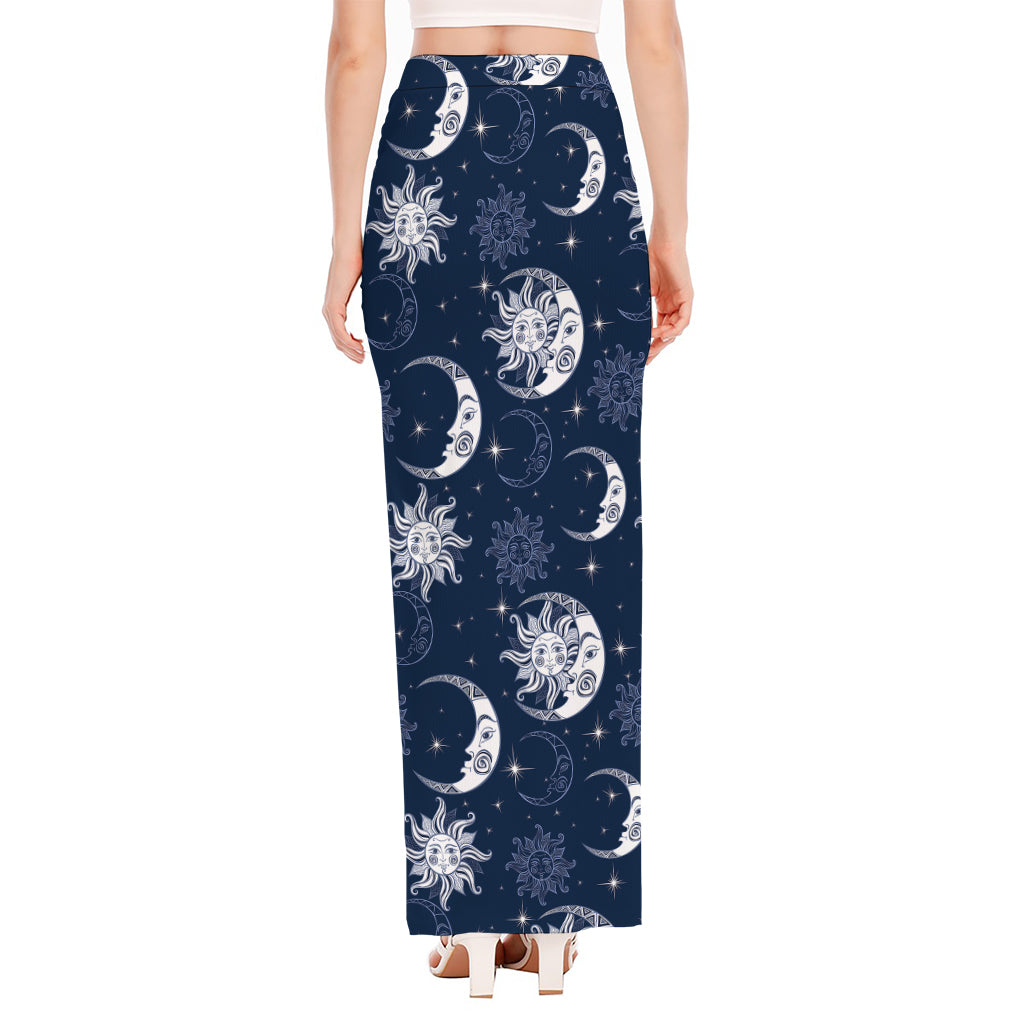 White And Blue Celestial Pattern Print High Slit Maxi Skirt
