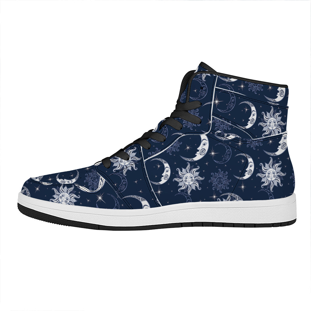 White And Blue Celestial Pattern Print High Top Leather Sneakers