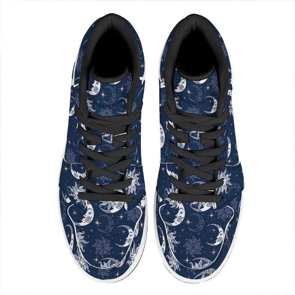White And Blue Celestial Pattern Print High Top Leather Sneakers