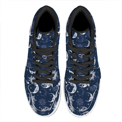 White And Blue Celestial Pattern Print High Top Leather Sneakers