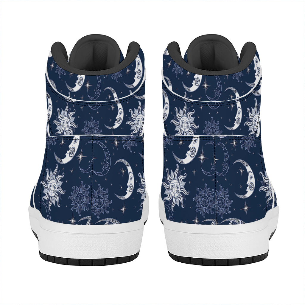 White And Blue Celestial Pattern Print High Top Leather Sneakers