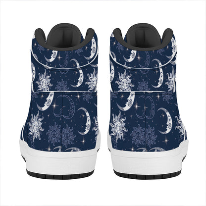 White And Blue Celestial Pattern Print High Top Leather Sneakers