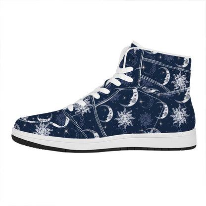 White And Blue Celestial Pattern Print High Top Leather Sneakers