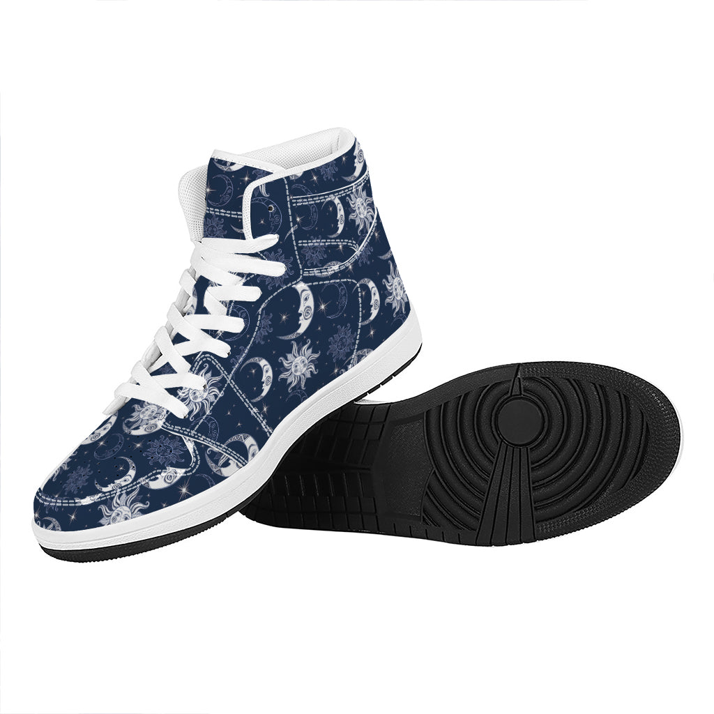 White And Blue Celestial Pattern Print High Top Leather Sneakers