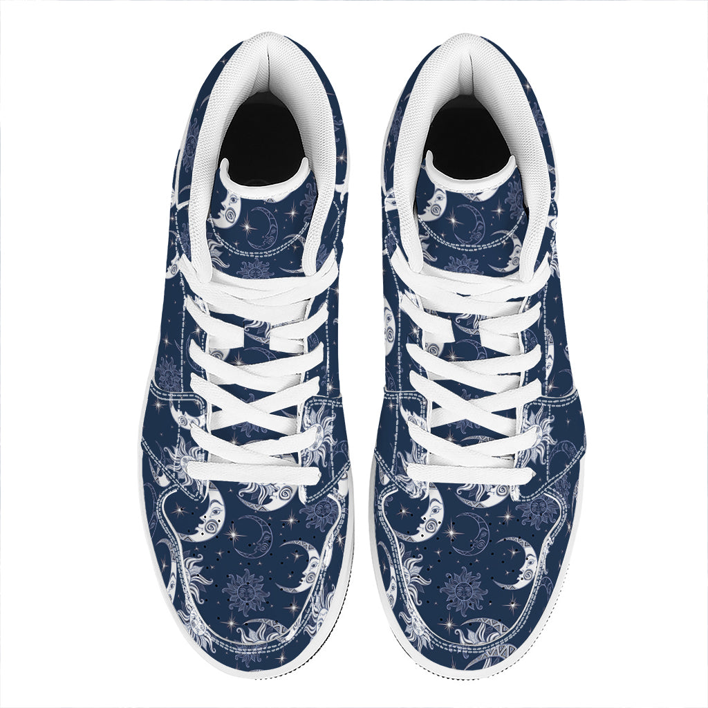 White And Blue Celestial Pattern Print High Top Leather Sneakers