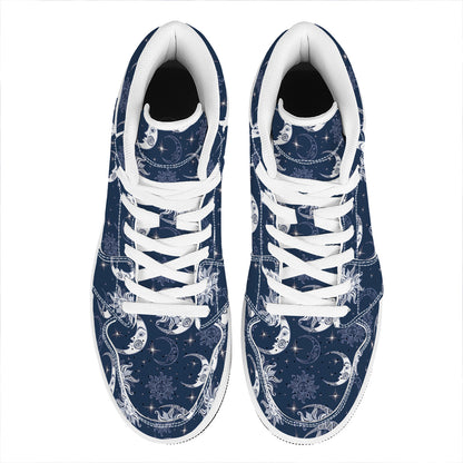 White And Blue Celestial Pattern Print High Top Leather Sneakers