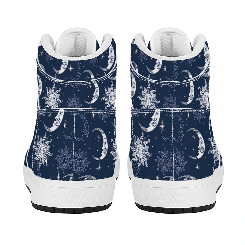 White And Blue Celestial Pattern Print High Top Leather Sneakers