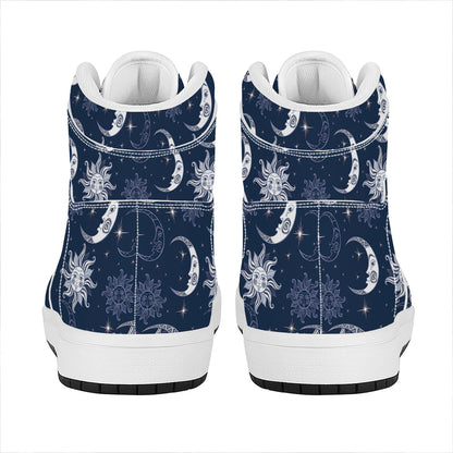 White And Blue Celestial Pattern Print High Top Leather Sneakers