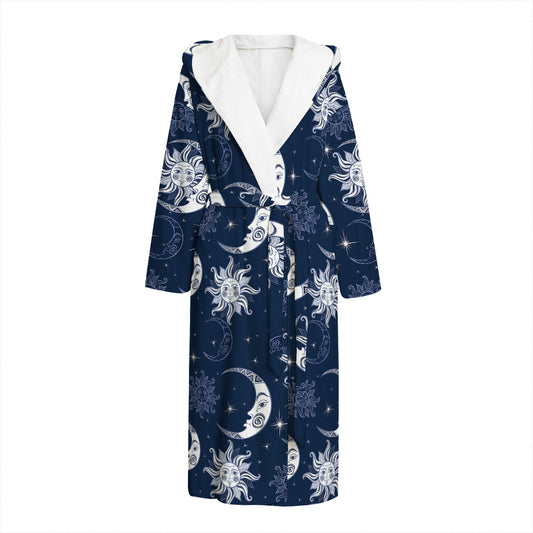 White And Blue Celestial Pattern Print Hooded Bathrobe