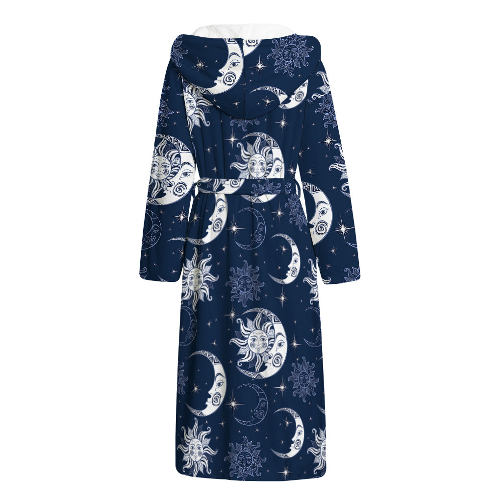 White And Blue Celestial Pattern Print Hooded Bathrobe